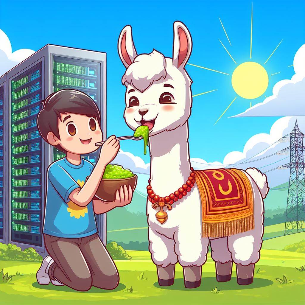 AI-generated comic illustration of a Lama, being fed on green grass in front of a server farm